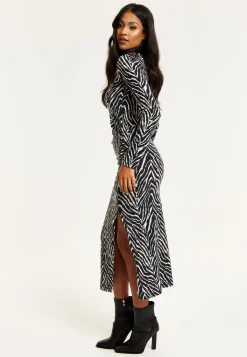 Women's Midi Dress in Black and White Zebra Print with Long Sleeves - Liquorish