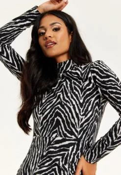 Women's Midi Dress in Black and White Zebra Print with Long Sleeves - Liquorish