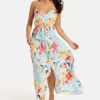 Women's Midi Dress in Blue with Floral Print, Sleeveless Asymmetrical Design and Open Back - Liquorish