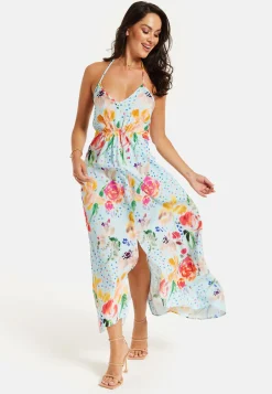 Women's Midi Dress in Blue with Floral Print, Sleeveless Asymmetrical Design and Open Back - Liquorish
