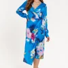 Women’s Midi Dress in Blue Floral Satin with Wrap Style, V Neck, Long Sleeves, and Adjustable Tie Waist