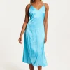 Women's Midi Dress in Blue Satin with Deep V Neck and Adjustable Straps - Liquorish