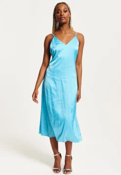 Women's Midi Dress in Blue Satin with Deep V Neck and Adjustable Straps - Liquorish