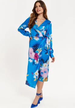 Women’s Midi Dress in Blue Floral Satin with Wrap Style, V Neck, Long Sleeves, and Adjustable Tie Waist