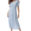 Women's Midi Dress in Blue and White Gingham with Floral Print and Trim Lace Collar - Short Sleeves, Liquorish