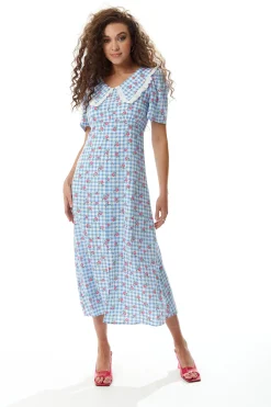 Women's Midi Dress in Blue and White Gingham with Floral Print and Trim Lace Collar - Short Sleeves, Liquorish