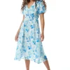 Women's Midi Dress in Blue Floral with Short Sleeves - Regular Fit V Neck Style by Liquorish