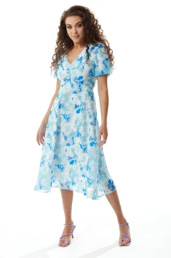 Women's Midi Dress in Blue Floral with Short Sleeves - Regular Fit V Neck Style by Liquorish