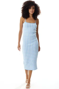 Women’s Midi Dress in Blue and White Check with Sleeveless Design and Fitted Style