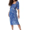 Women's Midi Dress in Blue with Cut Out Details and 3/4 Sleeves - Liquorish