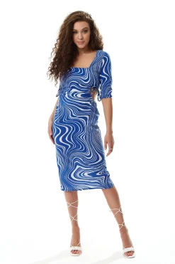 Women's Midi Dress in Blue with Cut Out Details and 3/4 Sleeves - Liquorish