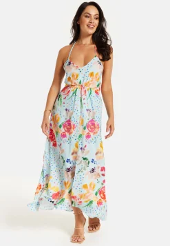 Women's Midi Dress in Blue with Floral Print, Sleeveless Asymmetrical Design and Open Back - Liquorish