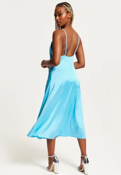 Women's Midi Dress in Blue Satin with Deep V Neck and Adjustable Straps - Liquorish