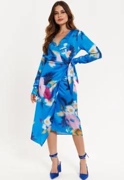 Women’s Midi Dress in Blue Floral Satin with Wrap Style, V Neck, Long Sleeves, and Adjustable Tie Waist
