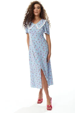 Women's Midi Dress in Blue and White Gingham with Floral Print and Trim Lace Collar - Short Sleeves, Liquorish
