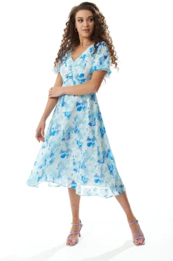 Women's Midi Dress in Blue Floral with Short Sleeves - Regular Fit V Neck Style by Liquorish