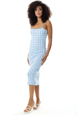 Women’s Midi Dress in Blue and White Check with Sleeveless Design and Fitted Style