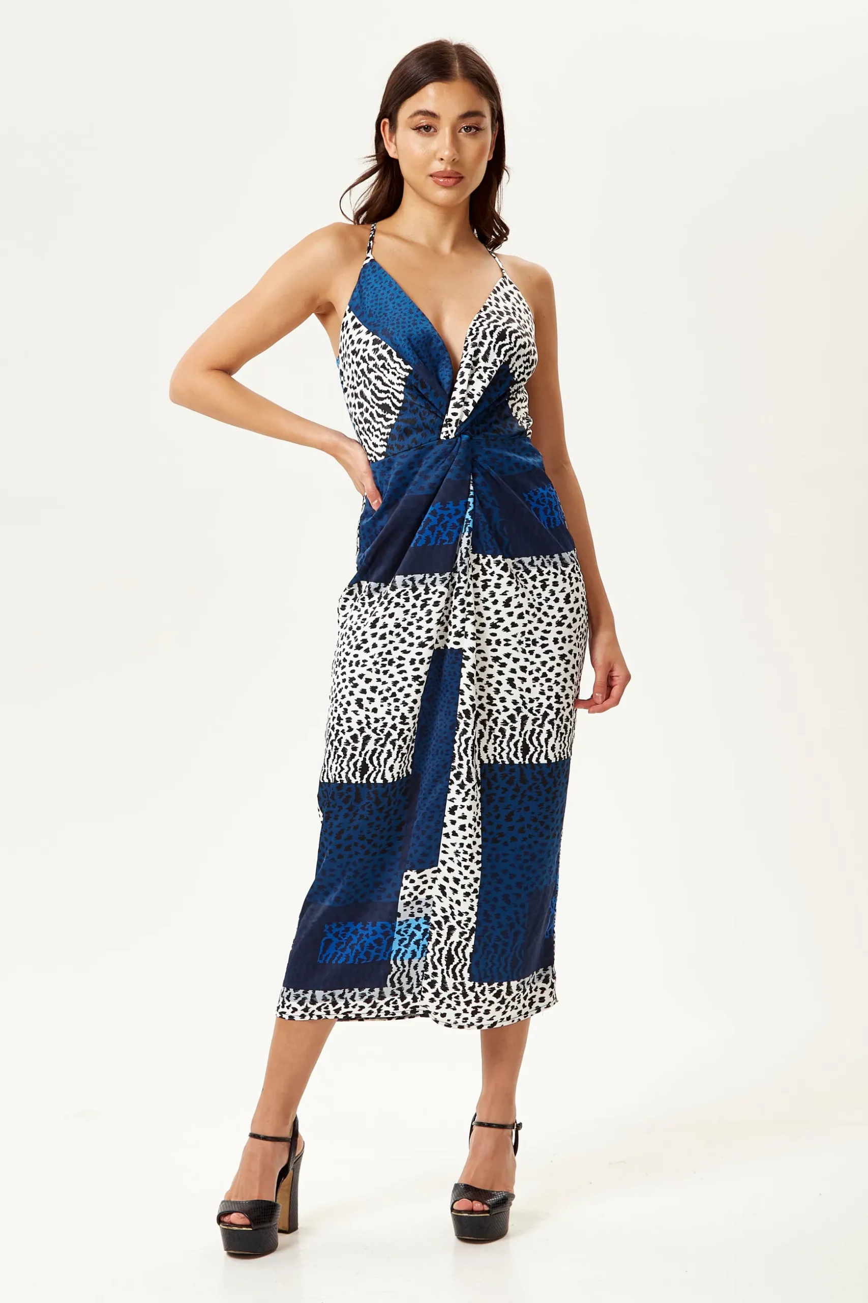 Women's Midi Dress in Blue Square Animal Print with Adjustable Straps - Regular Fit, Liquorish