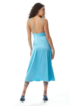 Women's Midi Dress in Blue Satin with Deep V Neck and Adjustable Straps - Liquorish