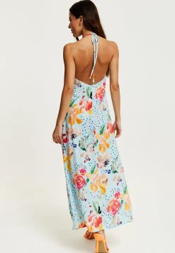 Women's Midi Dress in Blue with Floral Print, Sleeveless Asymmetrical Design and Open Back - Liquorish