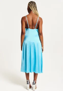 Women's Midi Dress in Blue Satin with Deep V Neck and Adjustable Straps - Liquorish
