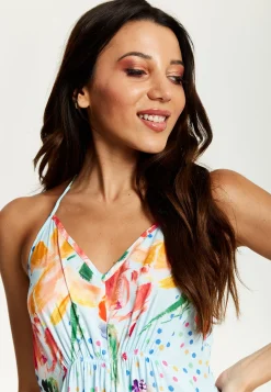 Women's Midi Dress in Blue with Floral Print, Sleeveless Asymmetrical Design and Open Back - Liquorish