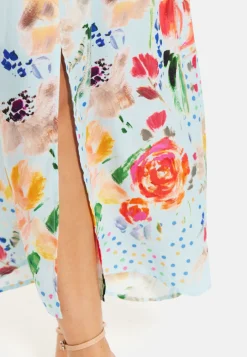 Women's Midi Dress in Blue with Floral Print, Sleeveless Asymmetrical Design and Open Back - Liquorish