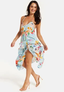 Women's Midi Dress in Blue with Floral Print, Sleeveless Asymmetrical Design and Open Back - Liquorish