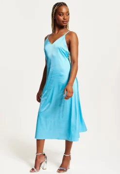 Women's Midi Dress in Blue Satin with Deep V Neck and Adjustable Straps - Liquorish