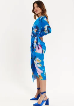 Women’s Midi Dress in Blue Floral Satin with Wrap Style, V Neck, Long Sleeves, and Adjustable Tie Waist