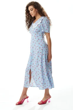 Women's Midi Dress in Blue and White Gingham with Floral Print and Trim Lace Collar - Short Sleeves, Liquorish