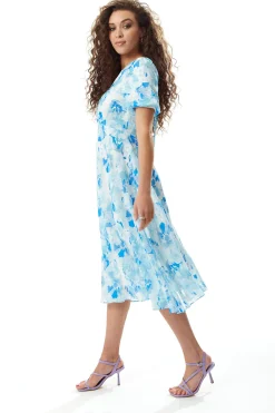 Women's Midi Dress in Blue Floral with Short Sleeves - Regular Fit V Neck Style by Liquorish
