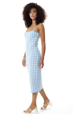 Women’s Midi Dress in Blue and White Check with Sleeveless Design and Fitted Style