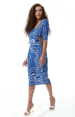 Women's Midi Dress in Blue with Cut Out Details and 3/4 Sleeves - Liquorish