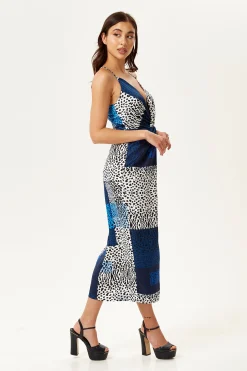 Women's Midi Dress in Blue Square Animal Print with Adjustable Straps - Regular Fit, Liquorish