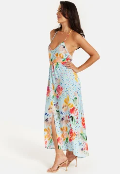Women's Midi Dress in Blue with Floral Print, Sleeveless Asymmetrical Design and Open Back - Liquorish