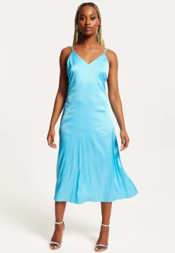 Women's Midi Dress in Blue Satin with Deep V Neck and Adjustable Straps - Liquorish
