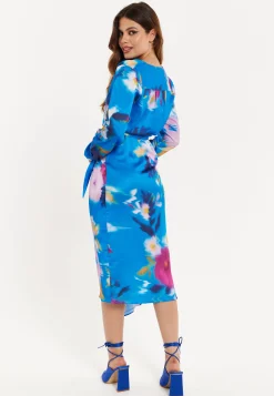 Women’s Midi Dress in Blue Floral Satin with Wrap Style, V Neck, Long Sleeves, and Adjustable Tie Waist