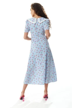 Women's Midi Dress in Blue and White Gingham with Floral Print and Trim Lace Collar - Short Sleeves, Liquorish