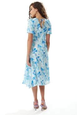 Women's Midi Dress in Blue Floral with Short Sleeves - Regular Fit V Neck Style by Liquorish