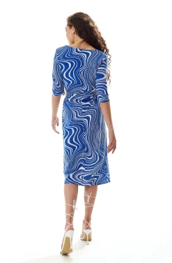 Women's Midi Dress in Blue with Cut Out Details and 3/4 Sleeves - Liquorish