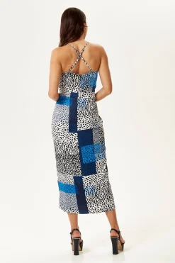Women's Midi Dress in Blue Square Animal Print with Adjustable Straps - Regular Fit, Liquorish
