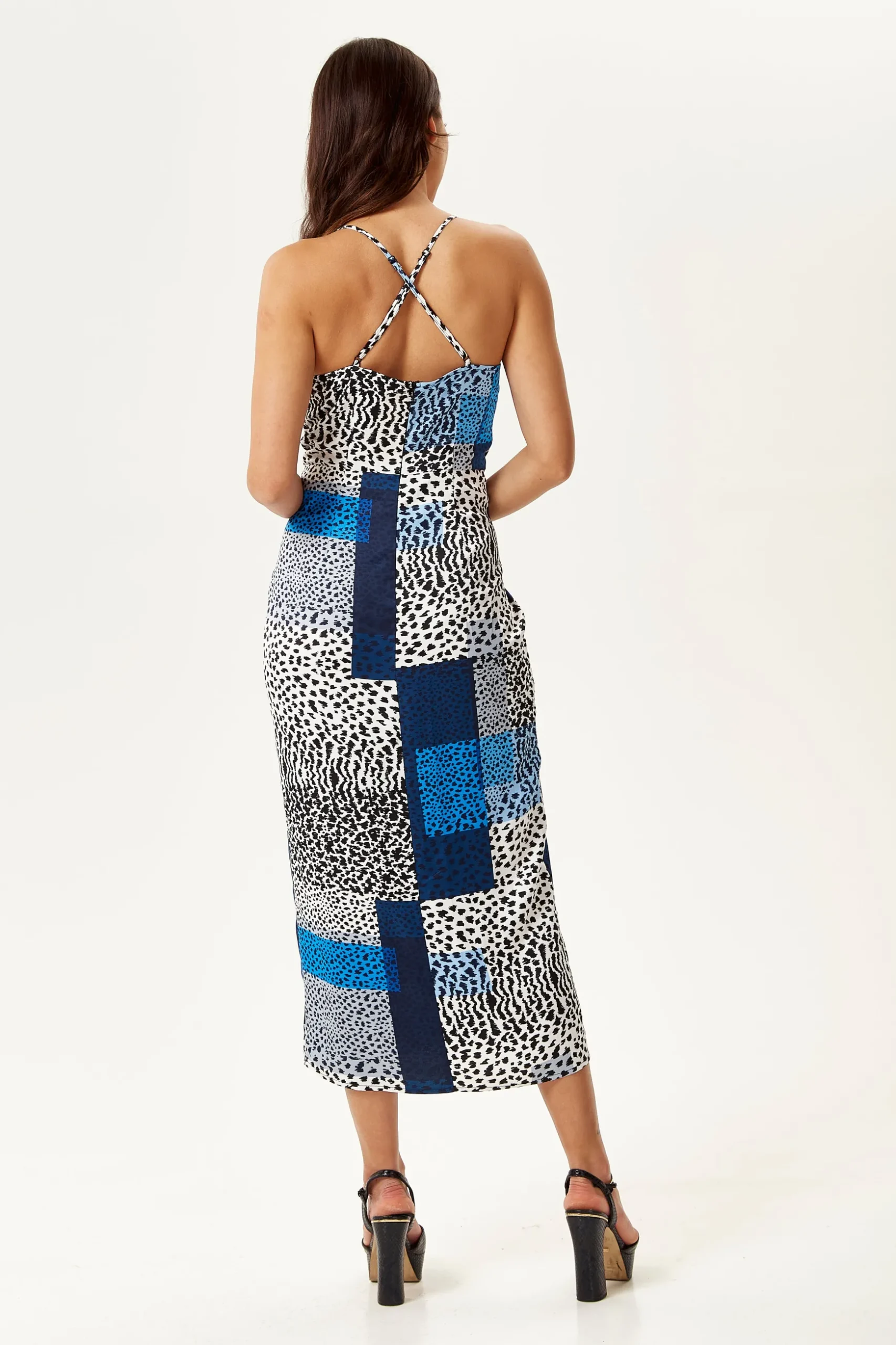 Women's Midi Dress in Blue Square Animal Print with Adjustable Straps - Regular Fit, Liquorish
