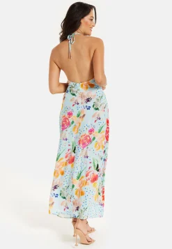 Women's Midi Dress in Blue with Floral Print, Sleeveless Asymmetrical Design and Open Back - Liquorish