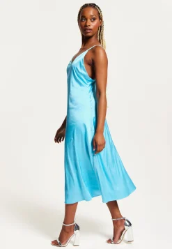 Women's Midi Dress in Blue Satin with Deep V Neck and Adjustable Straps - Liquorish