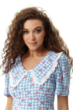 Women's Midi Dress in Blue and White Gingham with Floral Print and Trim Lace Collar - Short Sleeves, Liquorish