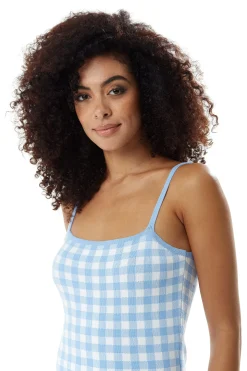 Women’s Midi Dress in Blue and White Check with Sleeveless Design and Fitted Style
