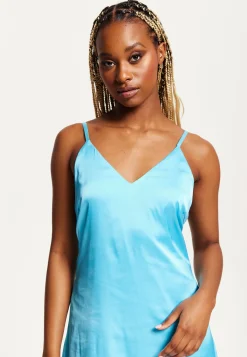 Women's Midi Dress in Blue Satin with Deep V Neck and Adjustable Straps - Liquorish