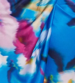 Women’s Midi Dress in Blue Floral Satin with Wrap Style, V Neck, Long Sleeves, and Adjustable Tie Waist