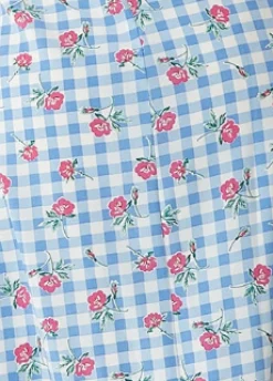 Women's Midi Dress in Blue and White Gingham with Floral Print and Trim Lace Collar - Short Sleeves, Liquorish